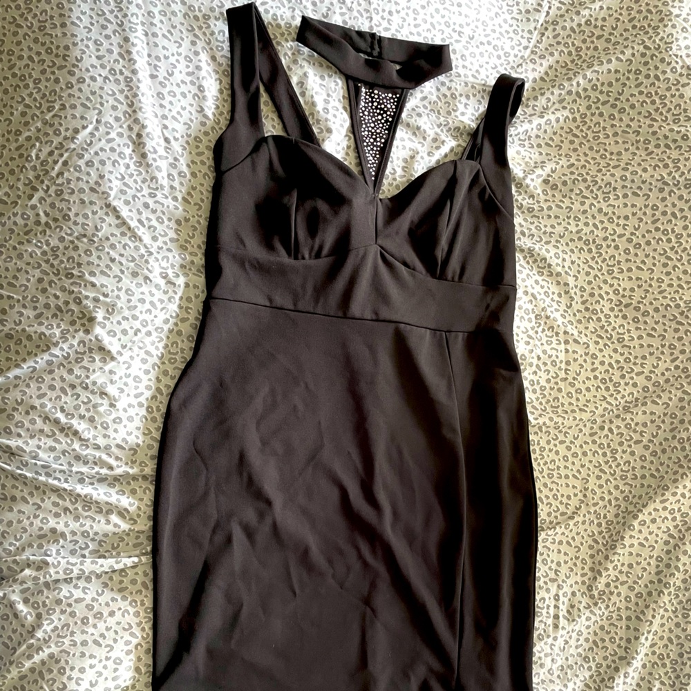 Debshops Size 2x Rhinestone Choker Black Bodycon Dress
